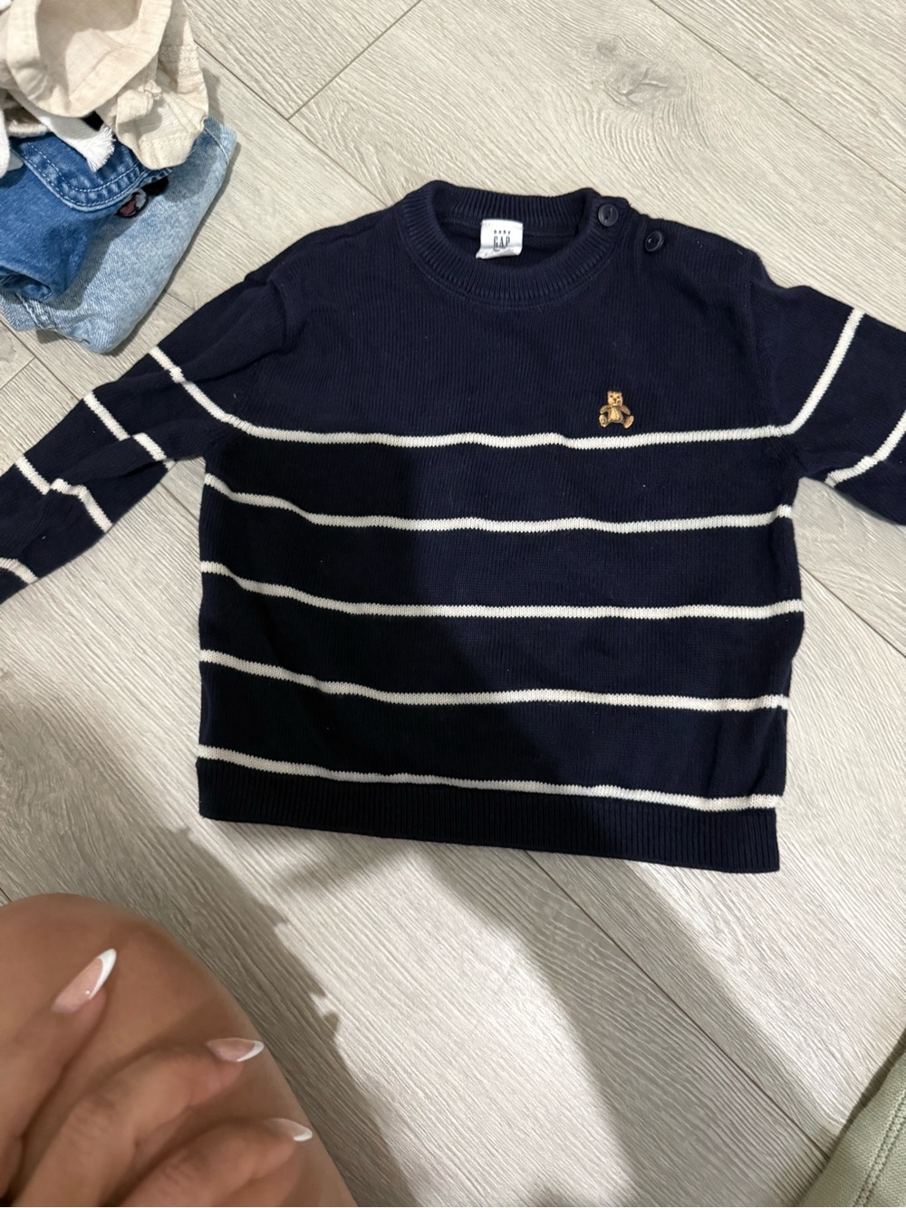 GAP Navy Crewneck Sweater with White Stripes and Embroidered Bear